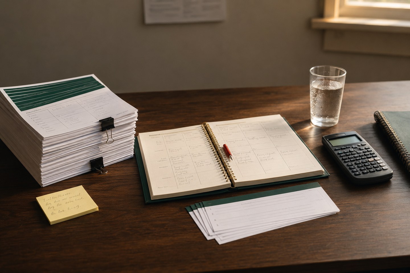 A teacher's organized desk with a stack of skill sheets, open lesson planner, calculator, and warm afternoon light