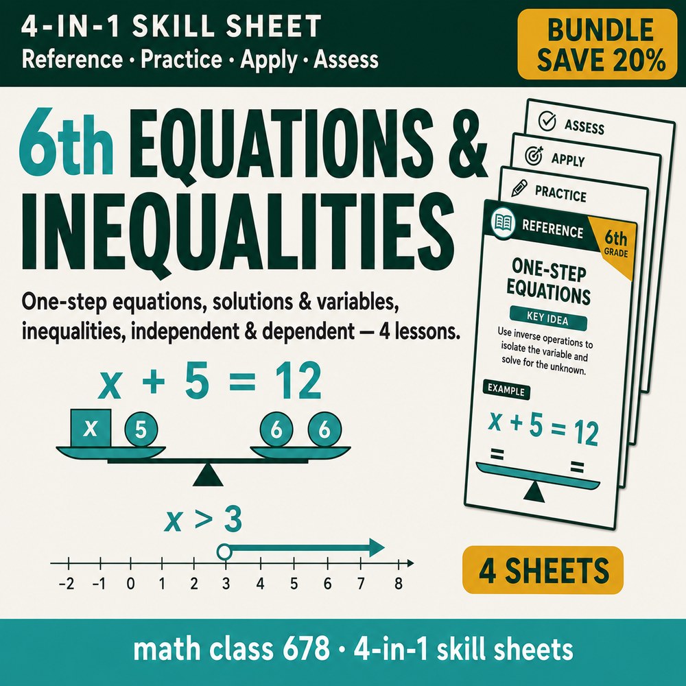 6th Grade Equations & Inequalities — 4 4-in-1 Skill Sheets