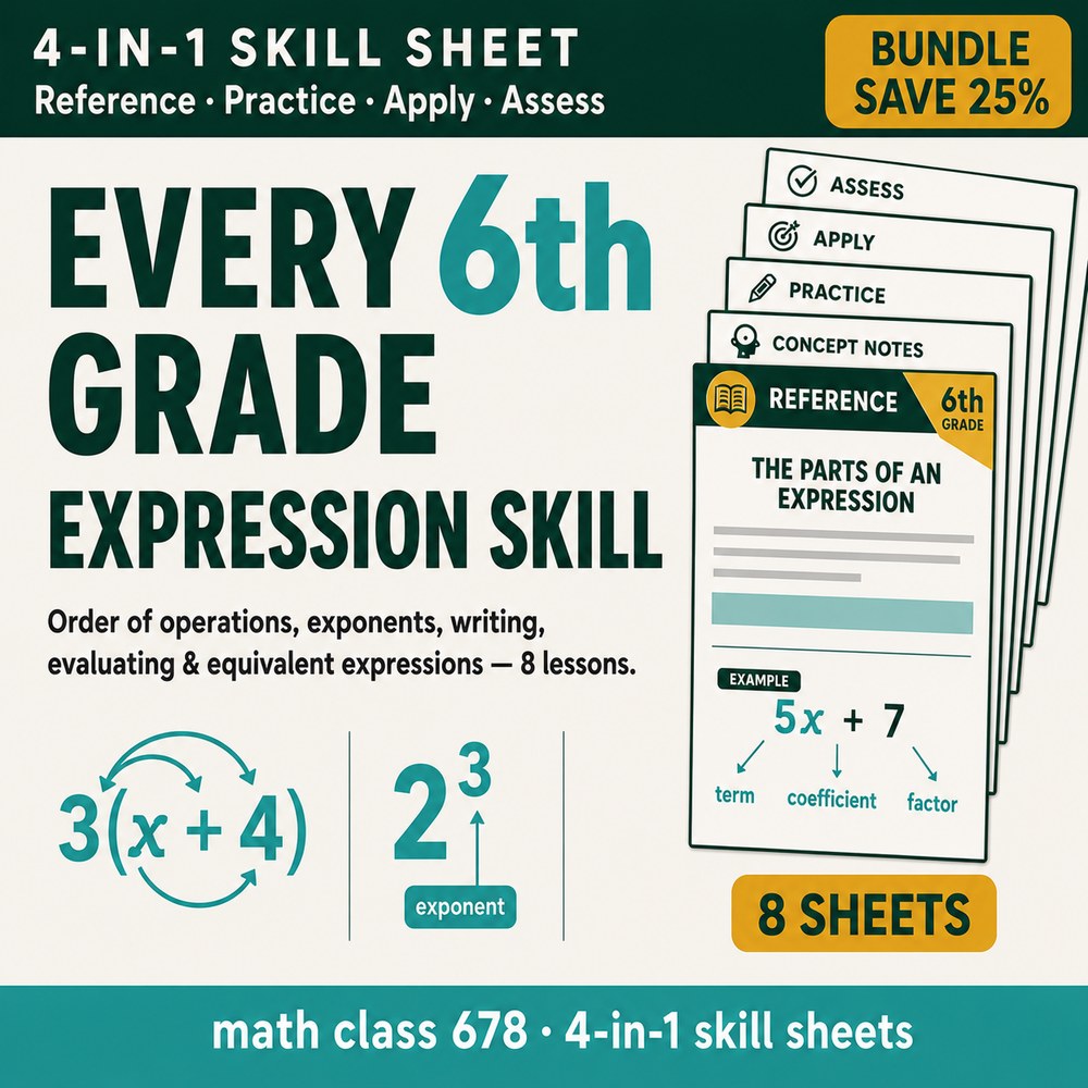 6th Grade Expressions — 8 4-in-1 Skill Sheets