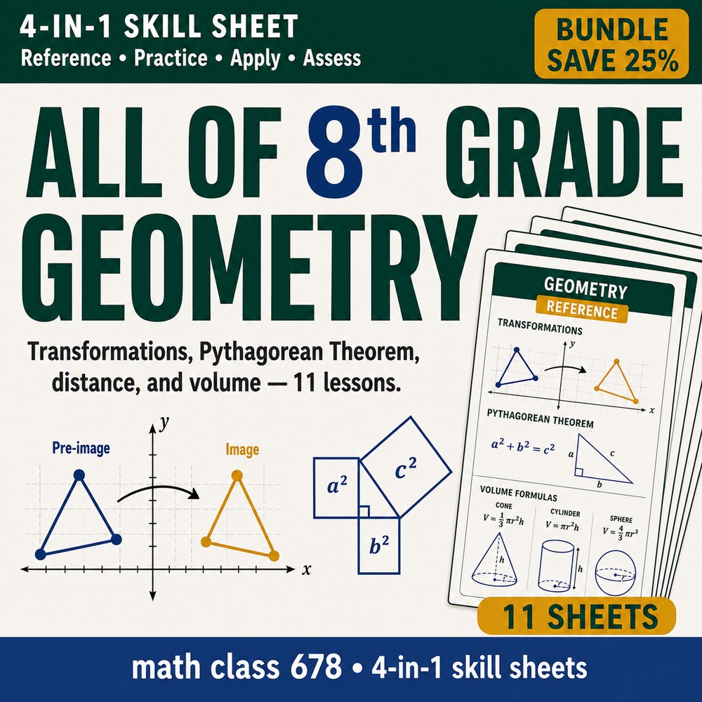 8th Grade Geometry — 11 4-in-1 Skill Sheets