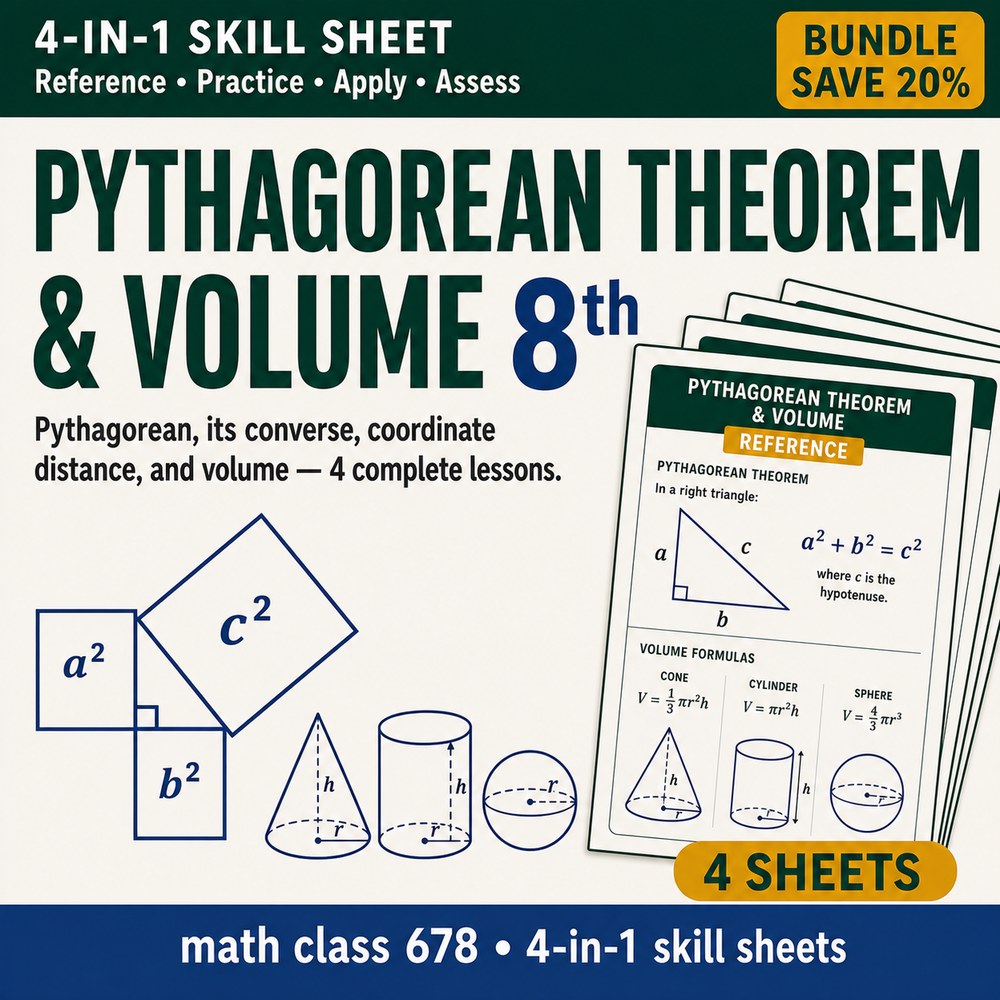 8th Grade Pythagorean Theorem & Volume — 4 4-in-1 Skill Sheets