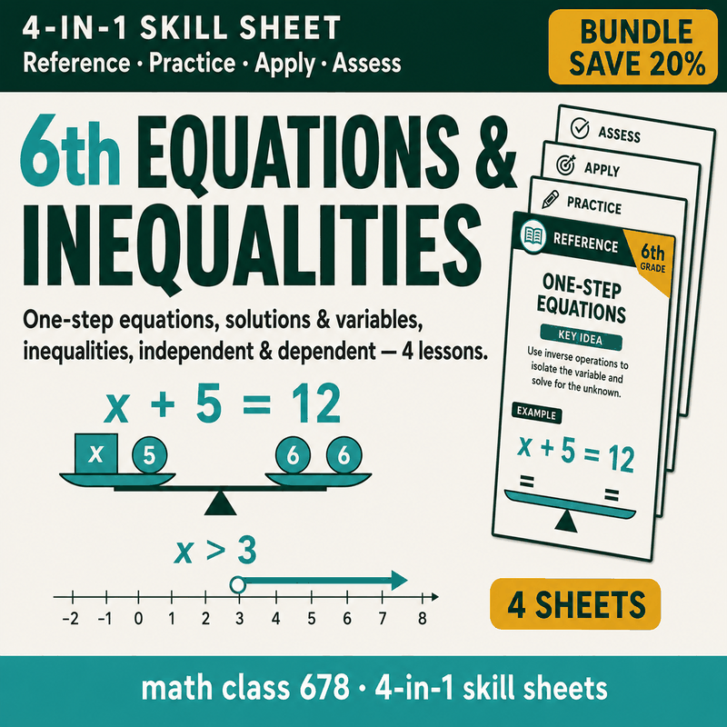 6th Grade Equations & Inequalities — 4 4-in-1 Skill Sheets