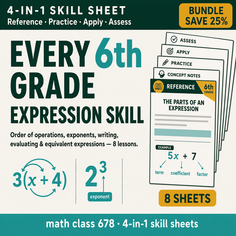 6th Grade Expressions — 8 4-in-1 Skill Sheets