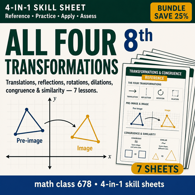 8th Grade Transformations & Congruence — 7 4-in-1 Skill Sheets