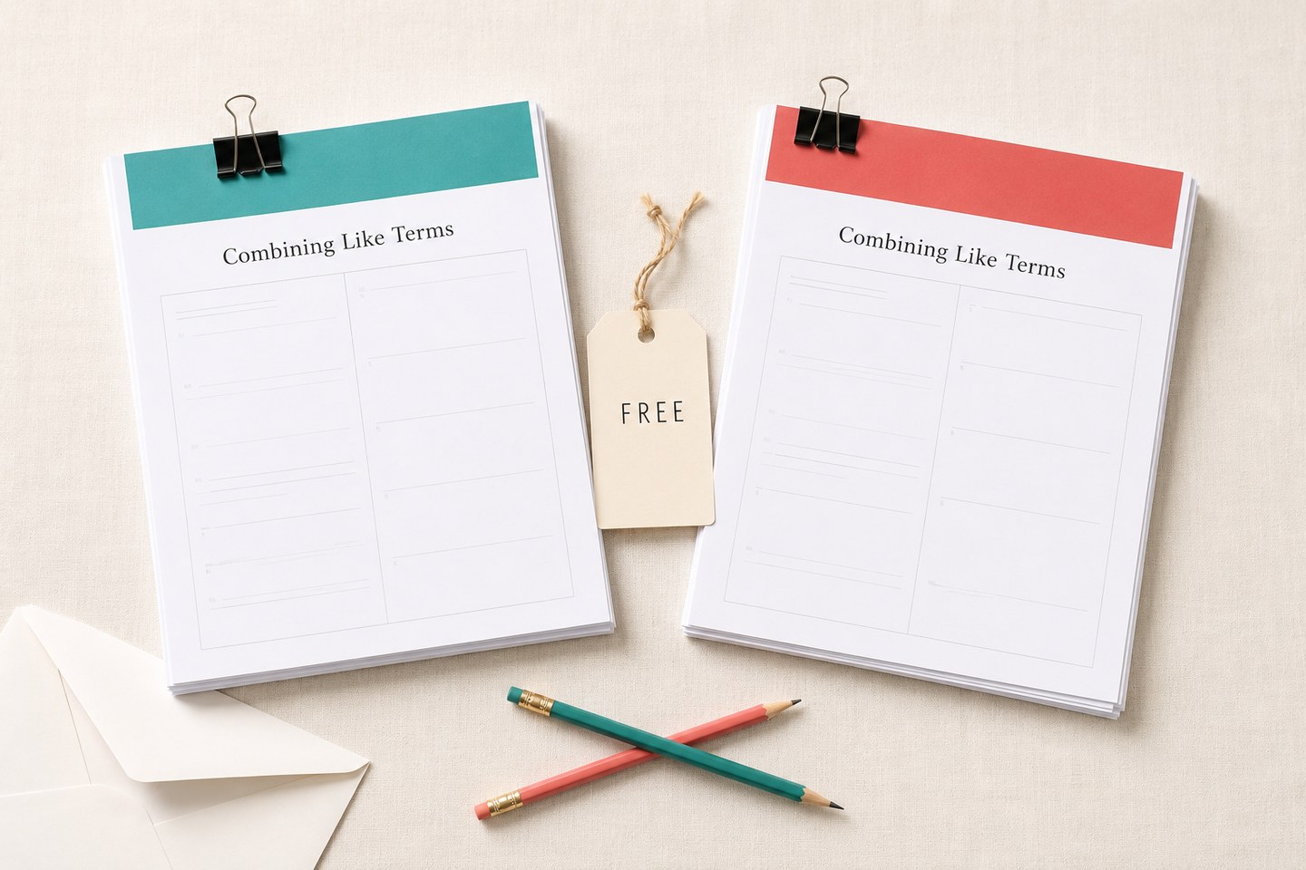 Two free 4-in-1 Skill Sheet packets — Combining Like Terms for 6th and 7th grade — with teal and coral accent bands and a FREE gift tag