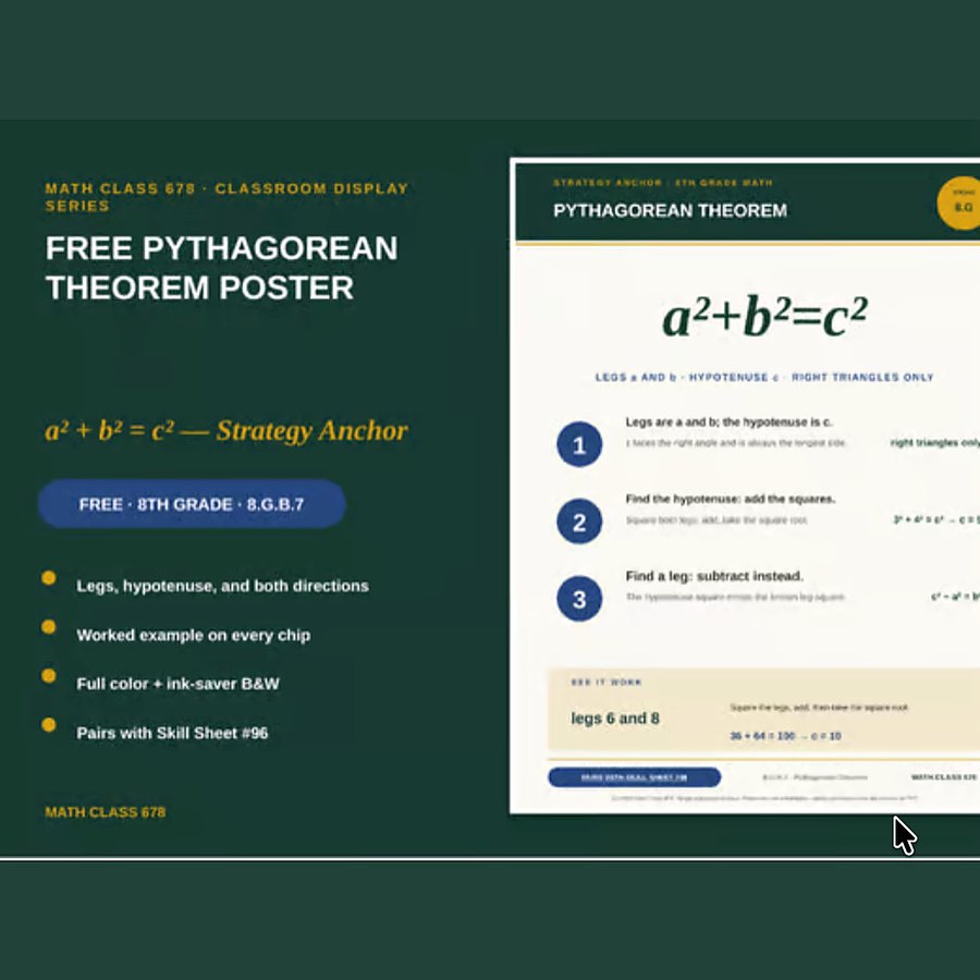 FREE Pythagorean Theorem Poster — free 8th math resource from Math Class 678