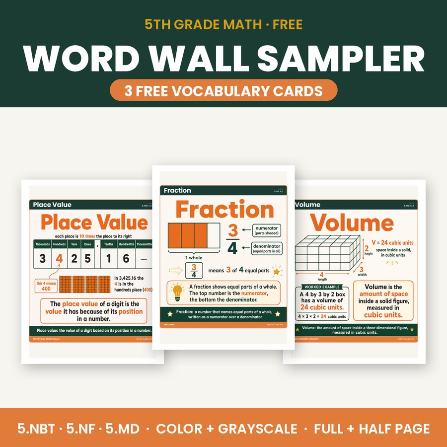 5th Grade Math Word Wall Sampler — 3 Free Vocabulary Cards