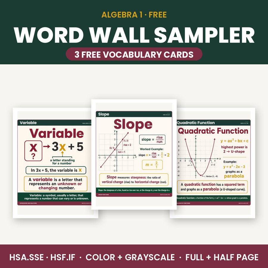 Algebra 1 Word Wall Sampler — 3 Free Vocabulary Cards