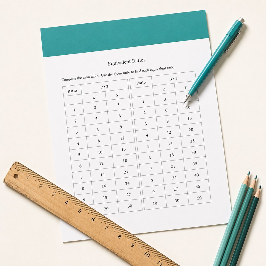 6th grade math worksheet with ratio table and teal accent