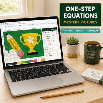 One-Step Equations Mystery Pictures, 6th grade self-checking Google Sheets