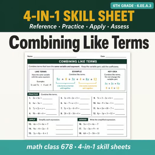 Combining Like Terms 4-in-1 Skill Sheet preview