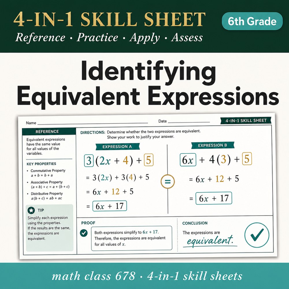 Identifying Equivalent Expressions 4-in-1 Skill Sheet preview