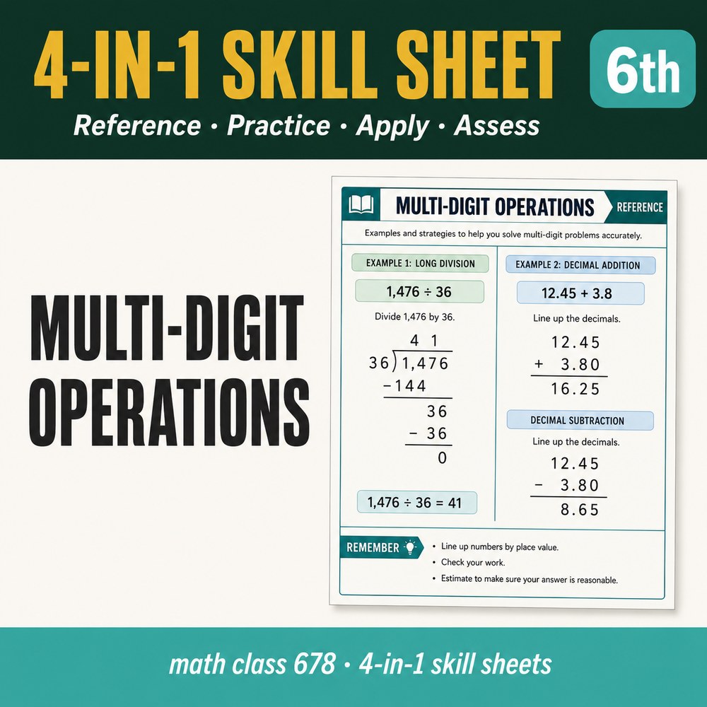 Multi-Digit Operations (Whole + Decimal) 4-in-1 Skill Sheet preview