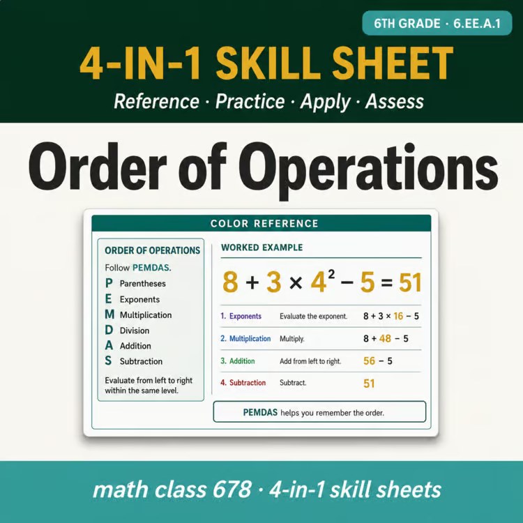 Order of Operations 4-in-1 Skill Sheet preview