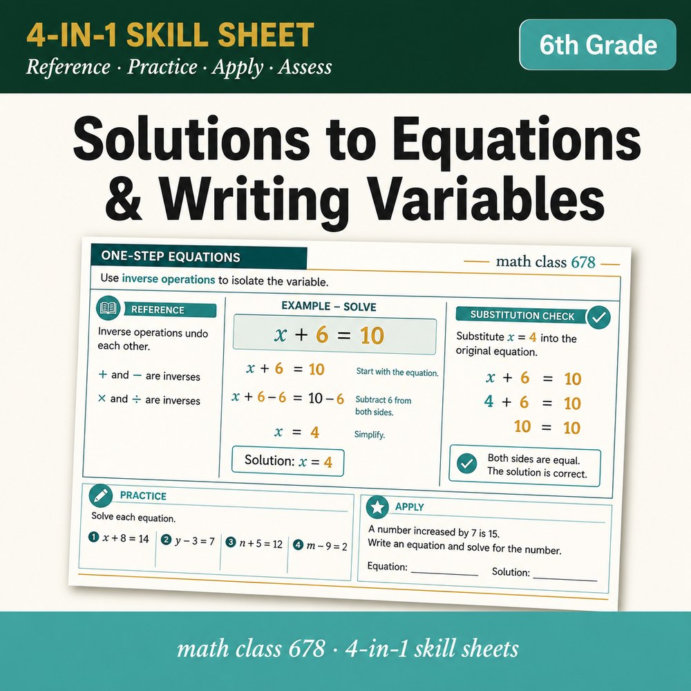 Solutions to Equations & Writing Variables 4-in-1 Skill Sheet preview