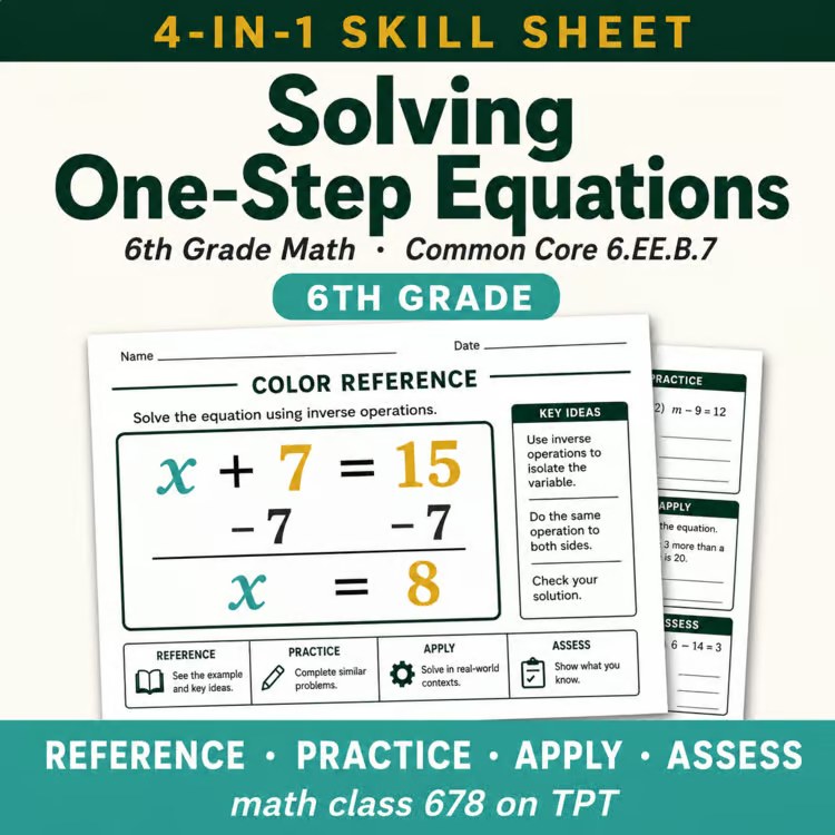 Solving One-Step Equations 4-in-1 Skill Sheet preview