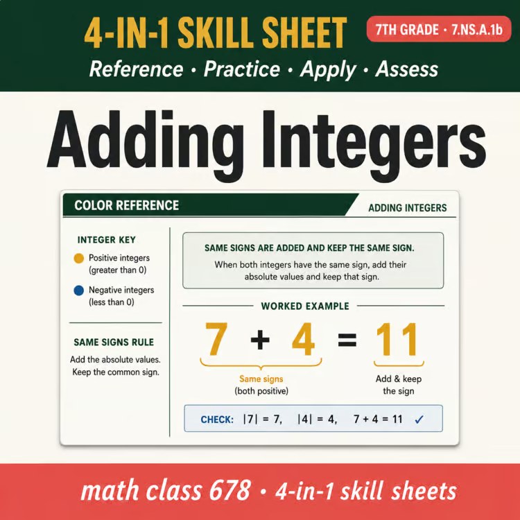 Adding Integers 4-in-1 Skill Sheet preview