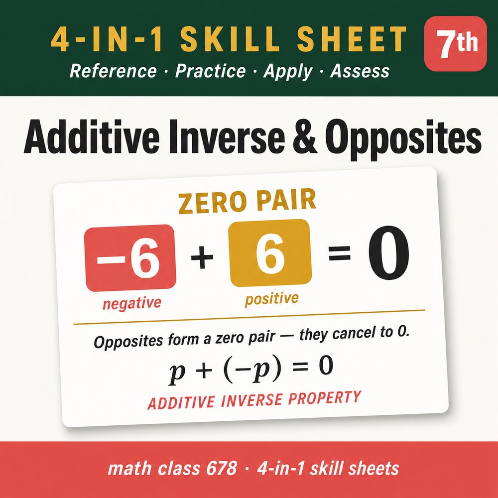 Additive Inverse & Opposites 4-in-1 Skill Sheet preview