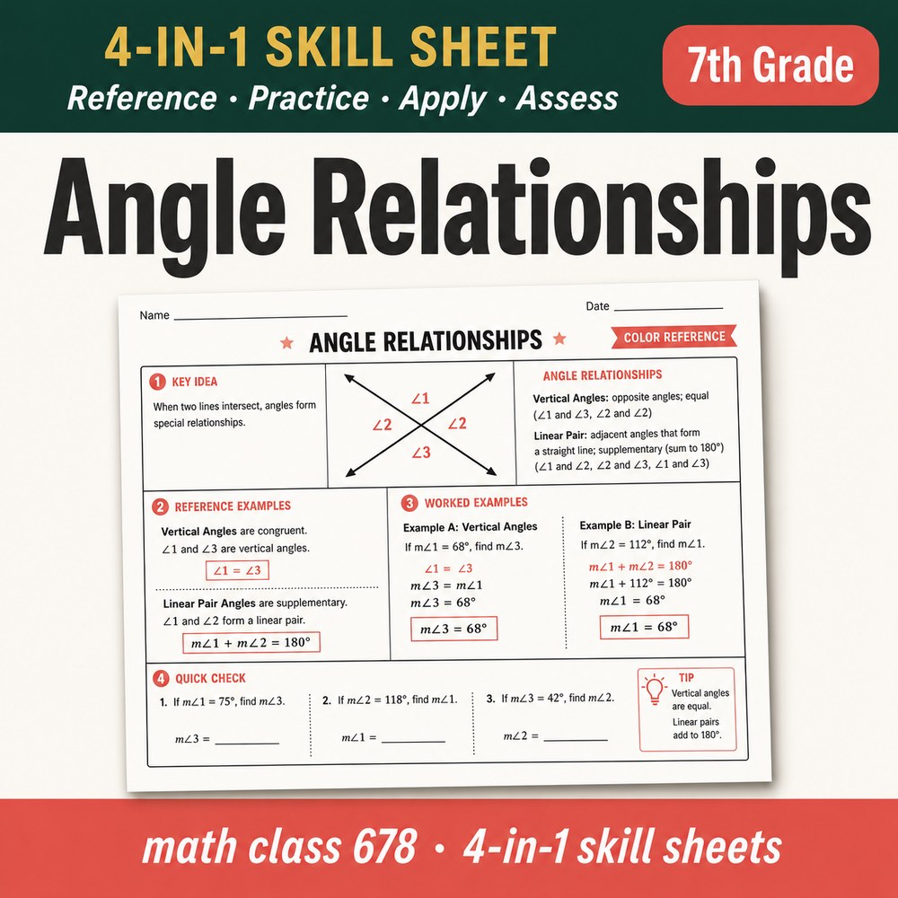 Angle Relationships 4-in-1 Skill Sheet preview