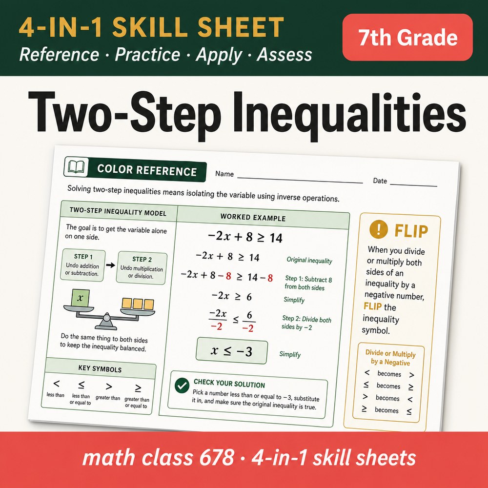 Two-Step Inequalities 4-in-1 Skill Sheet preview