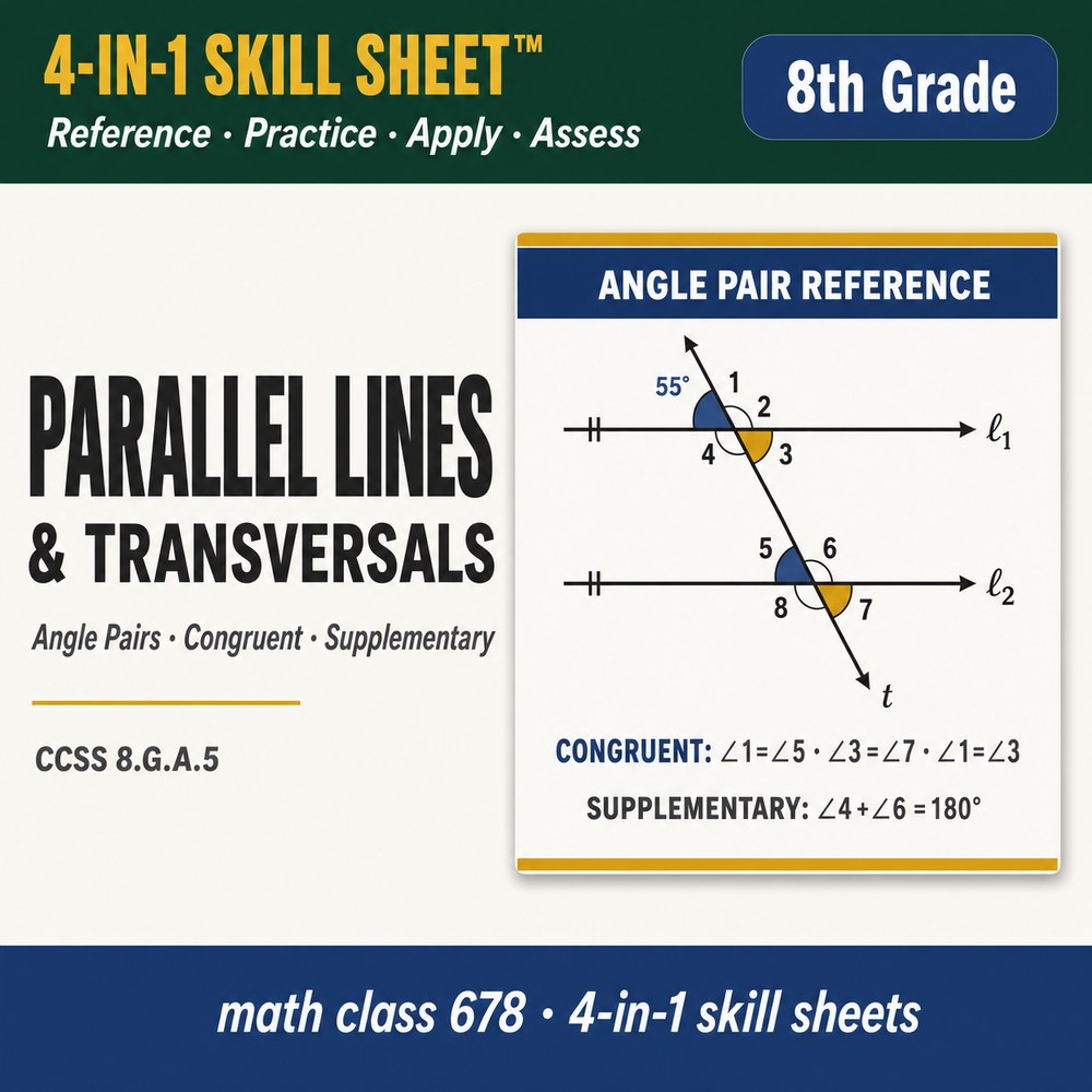 Angle Relationships (Parallel Lines) 4-in-1 Skill Sheet preview