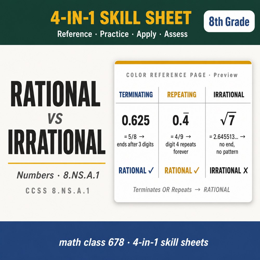Rational vs Irrational Numbers 4-in-1 Skill Sheet preview