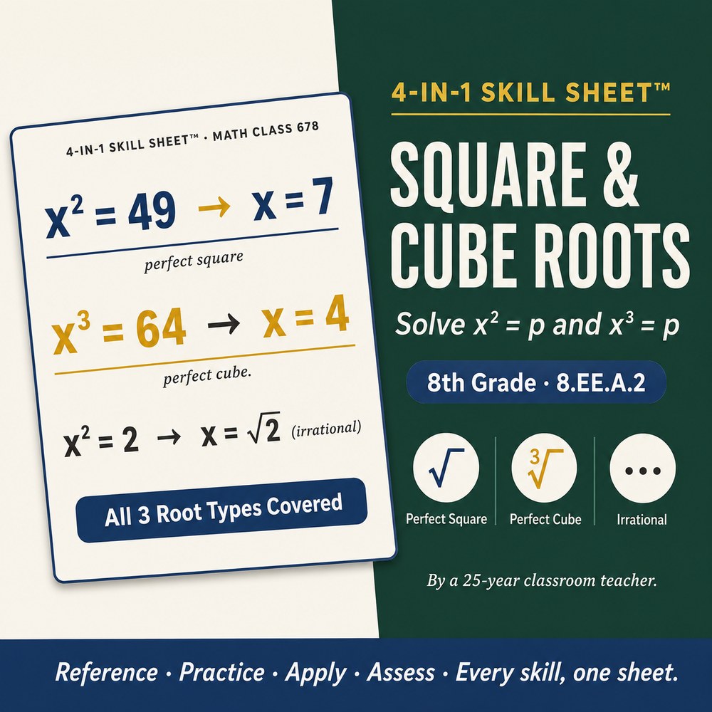 Square & Cube Roots 4-in-1 Skill Sheet preview