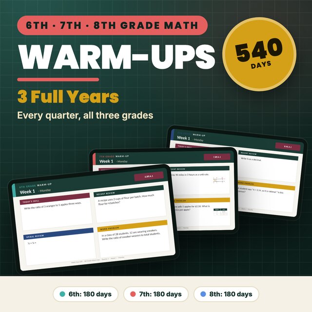 6th, 7th and 8th grade math warm-ups bundle, 540 days