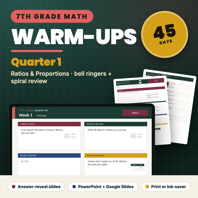 7th grade math warm-ups, Quarter 1: a week of warm-ups with the answer-reveal deck